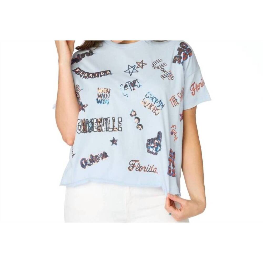 NEW STEWART SIMMONS the florida sequin spirit tee in light blue